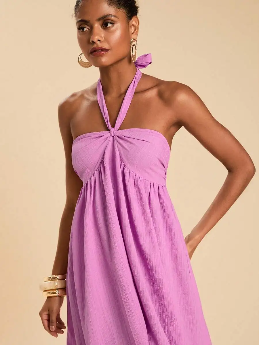 Purple Textured Shirred Halter Backless Dress For Summer Vacation
Purple Textured Shirred Halter Backless Dress For Summer Vacation
