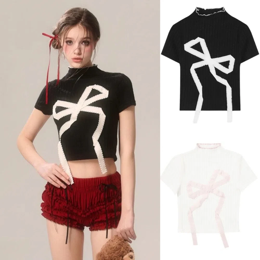 Elastic Chic Sweet Bow Crop Top Stripe Pullover Short Sleeve Top Slim Fit Half High Collar Y2k Knitted Top Party
Elastic Chic Sweet Bow Crop Top Stripe Pullover Short Sleeve Top Slim Fit Half High Collar Y2k Knitted Top Party