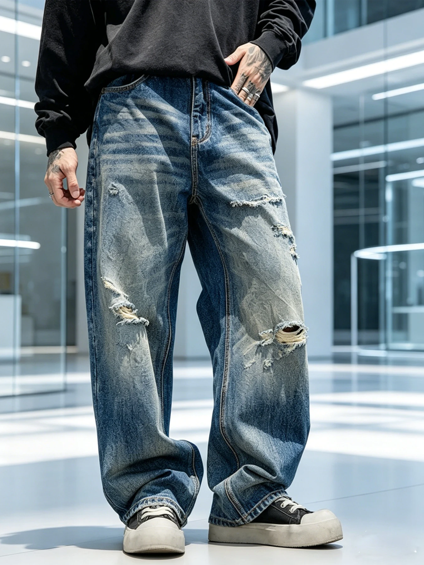 Men's washed blue ripped wide-leg jeans, loose drape fit, suitable for Japanese Cityboy lazy everyday style
Men's washed blue ripped wide-leg jeans, loose drape fit, suitable for Japanese Cityboy lazy everyday style