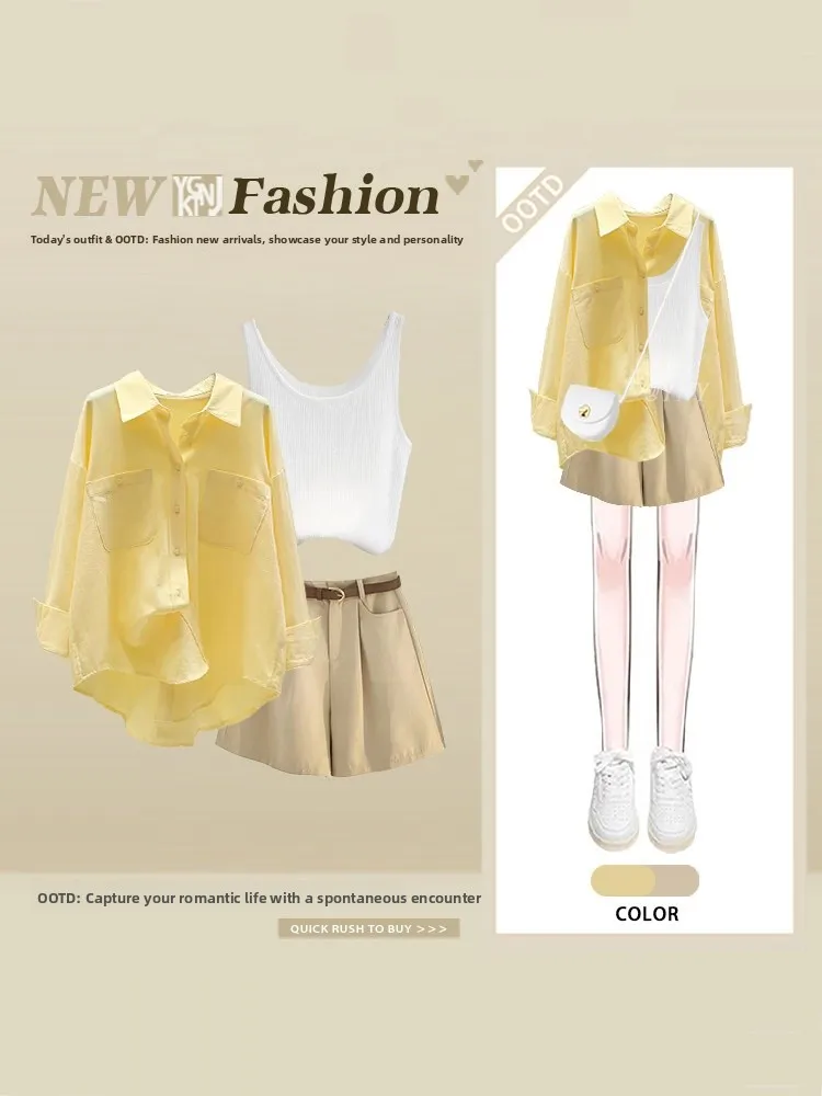 Yellow Sun Protection Shirt Tank Top Shorts Three Piece Set Commute Style Fashion Slimming Summer Outfit High Waist Shorts
Yellow Sun Protection Shirt Tank Top Shorts Three Piece Set Commute Style Fashion Slimming Summer Outfit High Waist Shorts