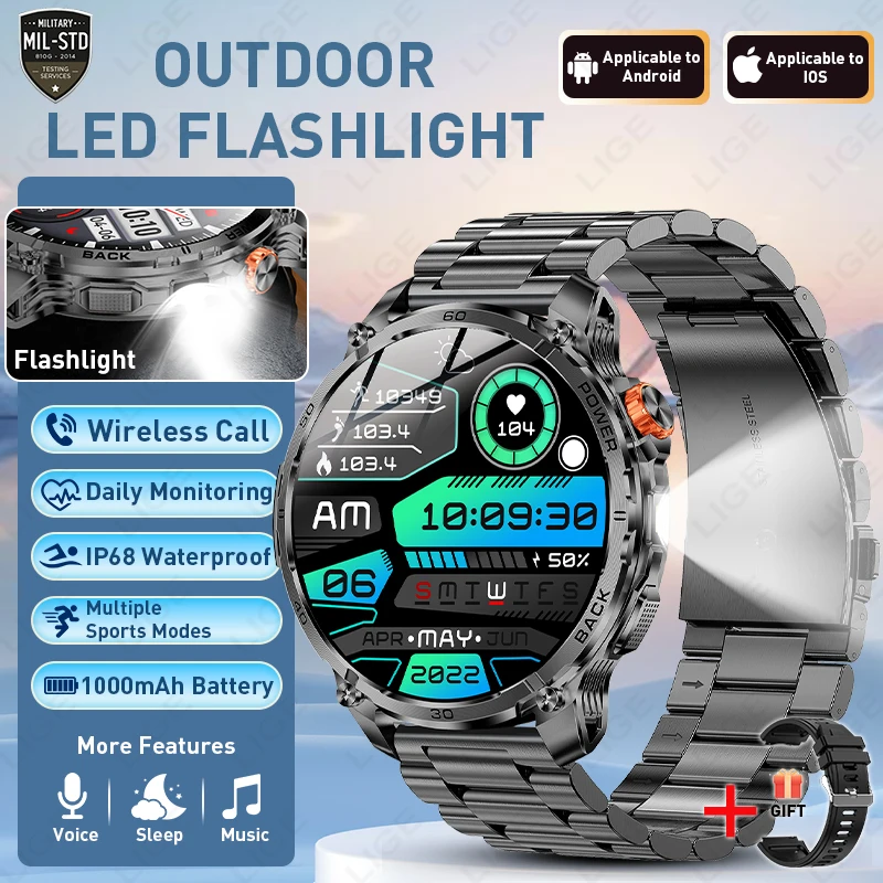 Outdoor Smart Watch 1000mAh Battery IP68 Waterproof LED Flashlight Bluetooth Call 2026 New Military Grade Sports Smartwatch Men
Outdoor Smart Watch 1000mAh Battery IP68 Waterproof LED Flashlight Bluetooth Call 2026 New Military Grade Sports Smartwatch Men