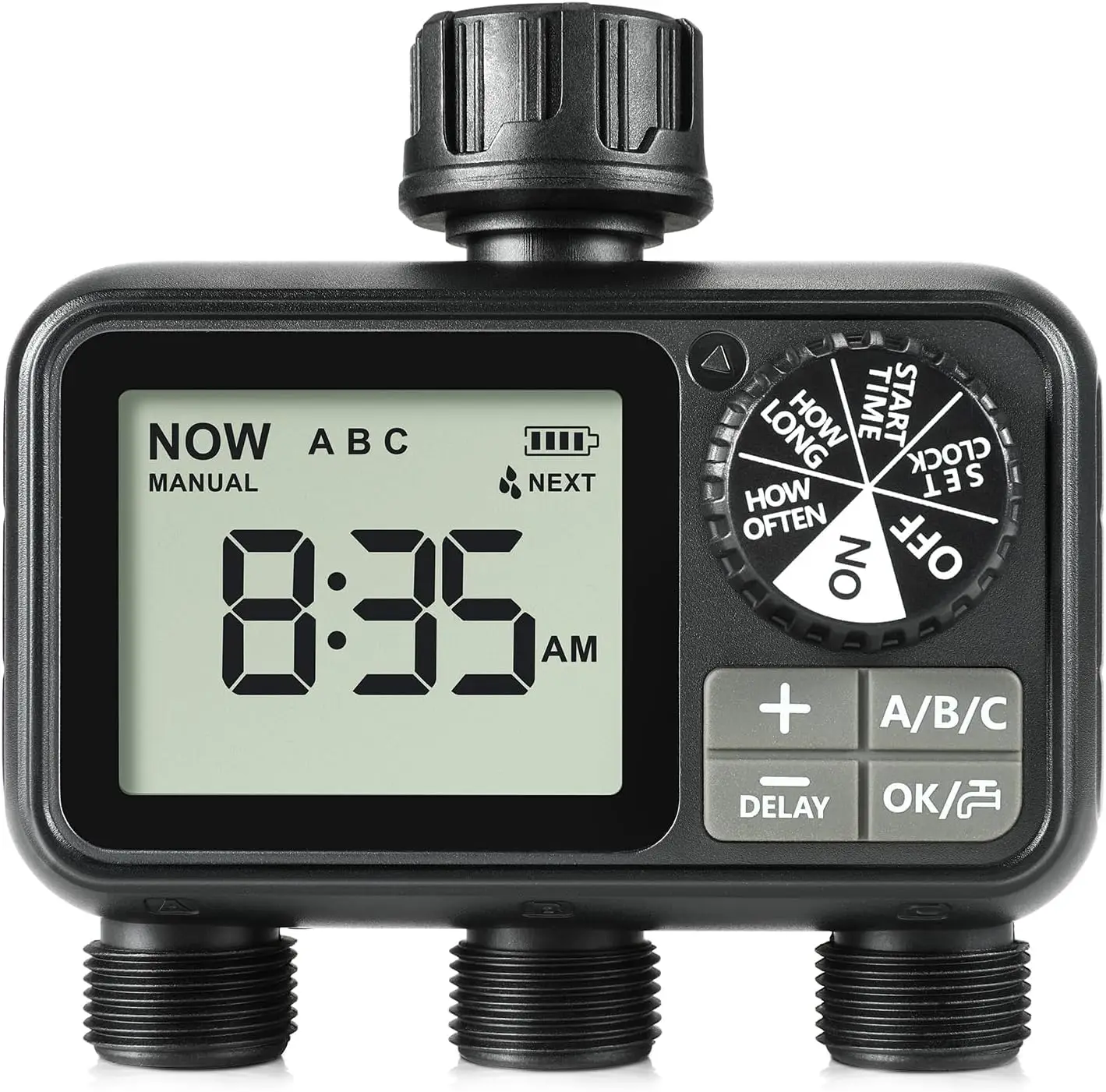Sprinkler Timer, 3-Outlet Programmable with Rain Delay, Digital Outdoor Water Timer for Garden Hose, Yard & Lawn
Sprinkler Timer, 3-Outlet Programmable with Rain Delay, Digital Outdoor Water Timer for Garden Hose, Yard & Lawn