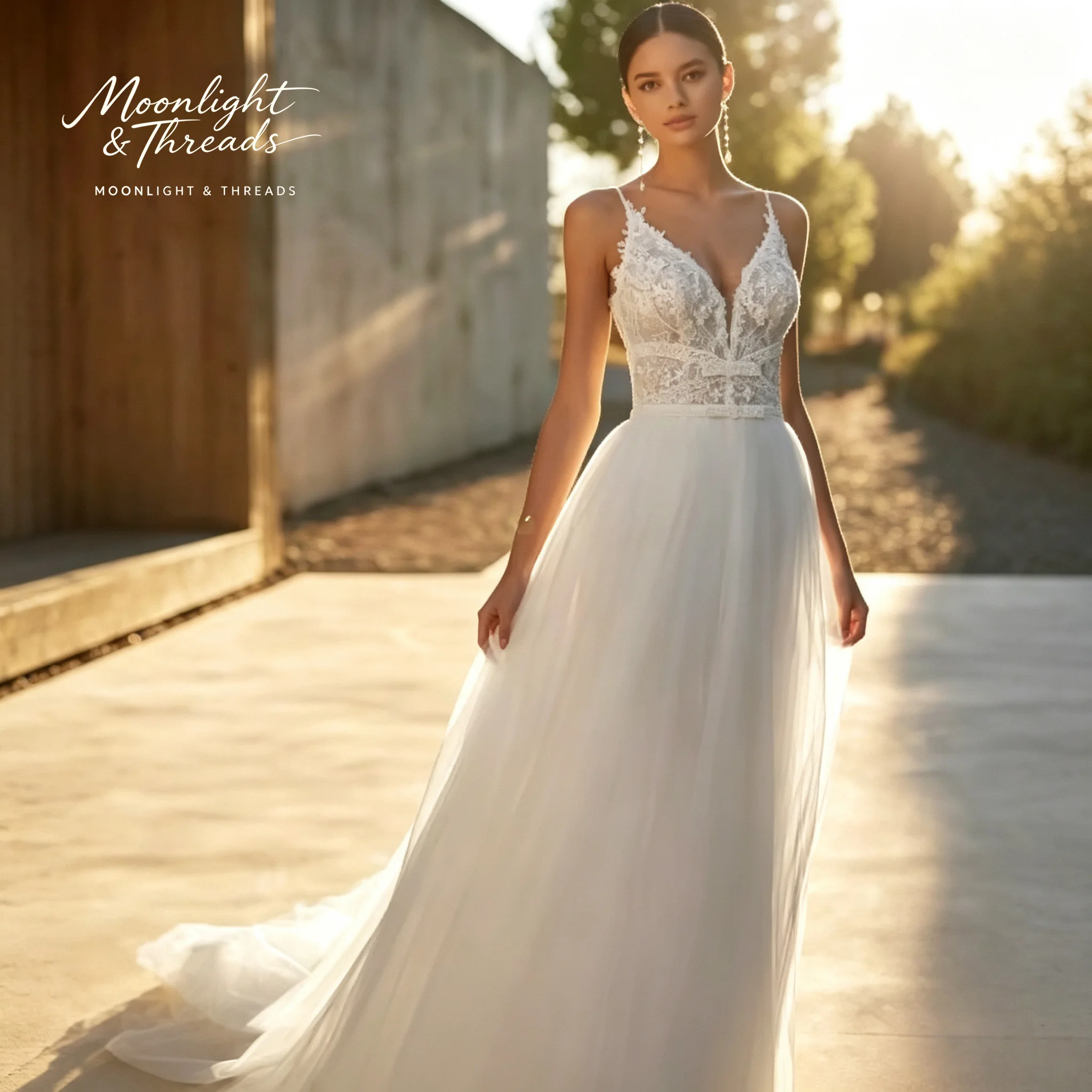 White V-neck A-line formal dress with spaghetti straps open back and lace detailing suitable for weddings
White V-neck A-line formal dress with spaghetti straps open back and lace detailing suitable for weddings