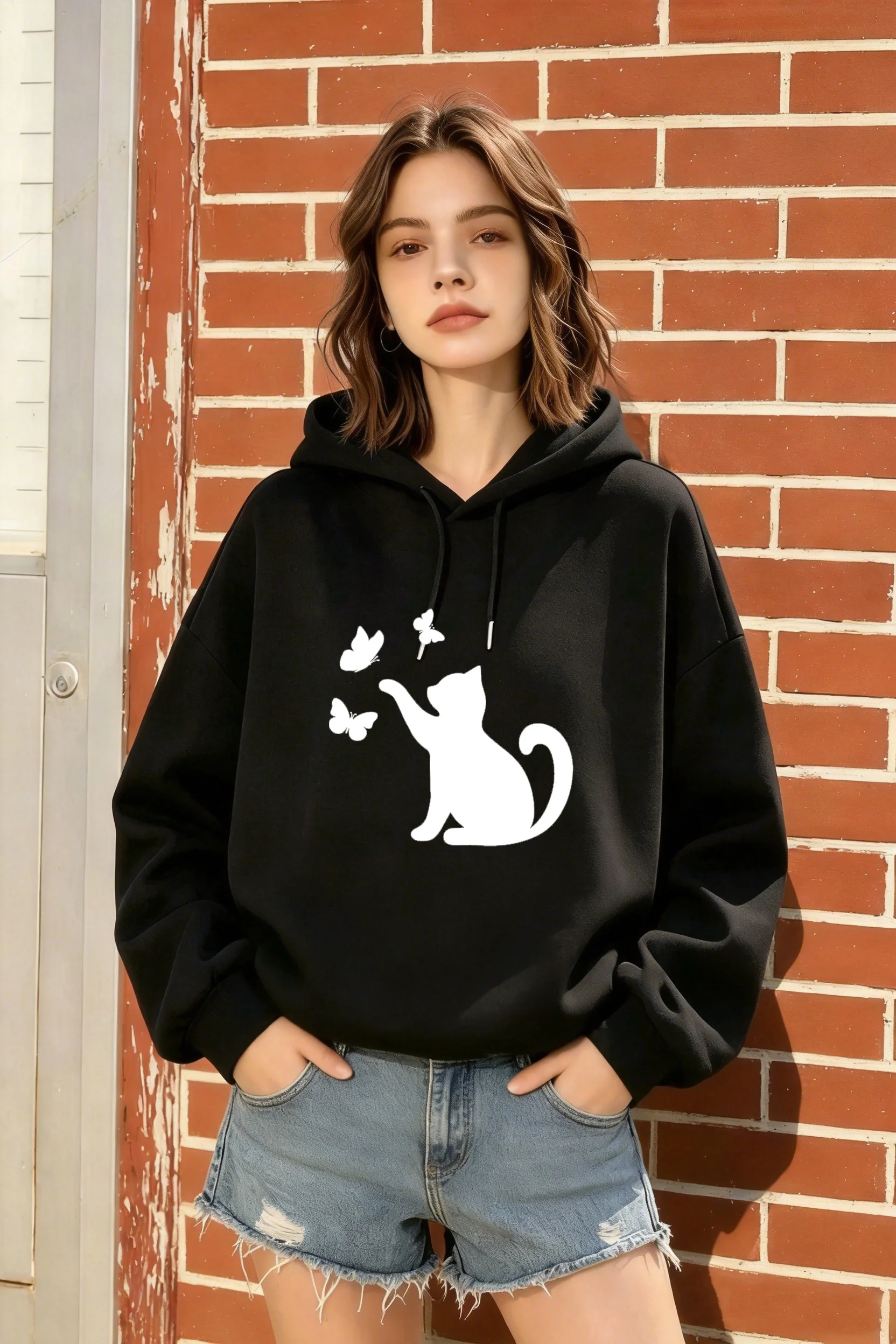 Women's Black Oversized Hoodie with Cat & Butterfly Print, Casual Trendy Top for Spring & Fall
Women's Black Oversized Hoodie with Cat & Butterfly Print, Casual Trendy Top for Spring & Fall