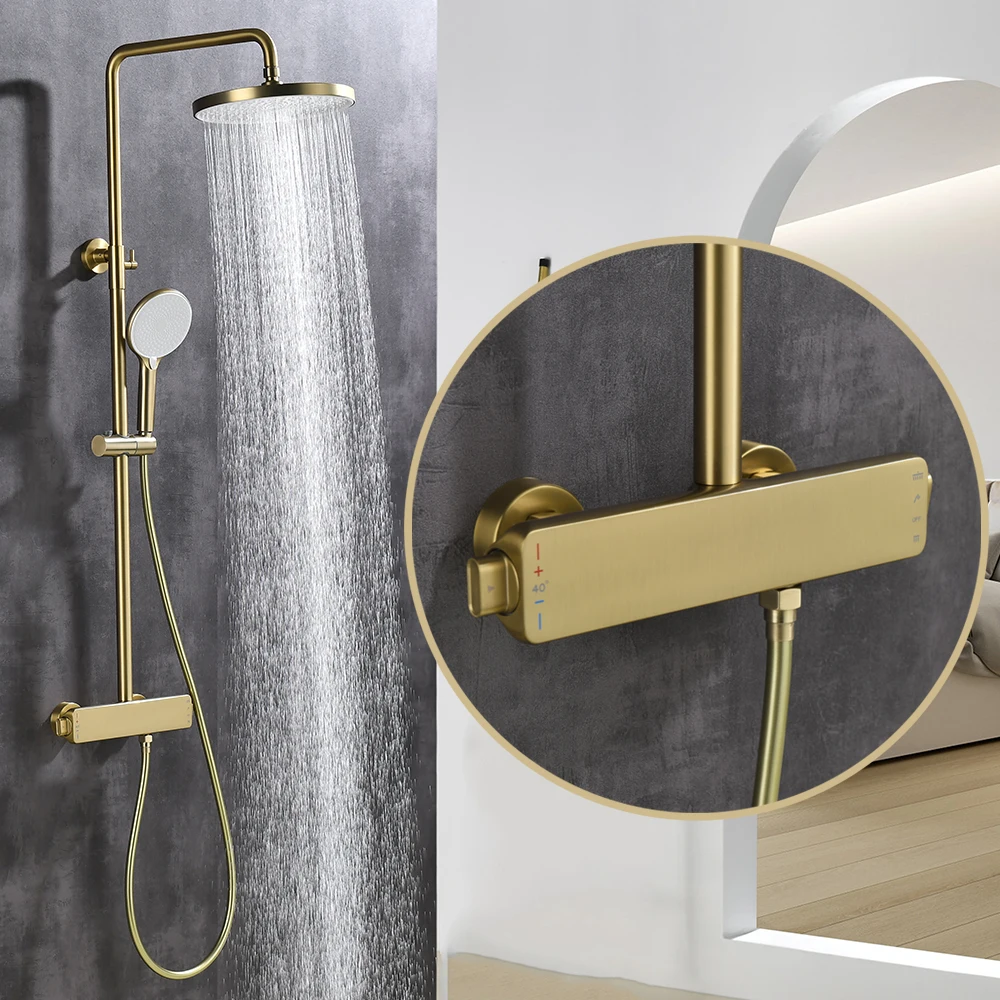 High Quality 10 Year Warranty Brushed Gold 3 Way Rain Shower System Waterfall Full Copper Mixer Thermostatic Bathroom Shower Set
High Quality 10 Year Warranty Brushed Gold 3 Way Rain Shower System Waterfall Full Copper Mixer Thermostatic Bathroom Shower Set