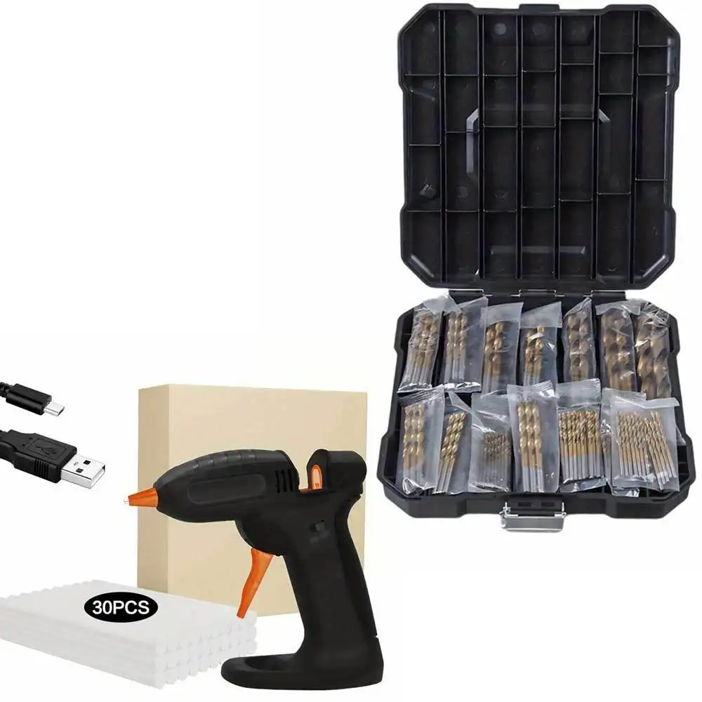 99pcs HSS Titanium Drill Bit Set (1.5-10mm). Paired with Cordless Hot Glue Gun (Fast-Heat, Portable), Perfect for Precision Drilling & Creative DIY Repair Projects.
99pcs HSS Titanium Drill Bit Set (1.5-10mm). Paired with Cordless Hot Glue Gun (Fast-Heat, Portable), Perfect for Precision Drilling & Creative DIY Repair Projects.