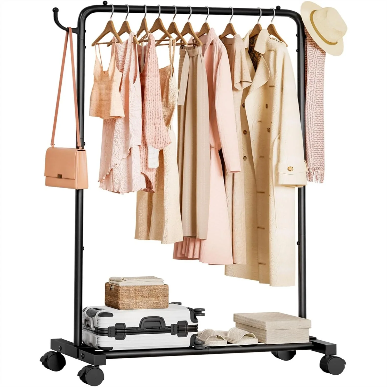 Rolling Clothes Rack with Hooks and Wheels: Portable Garment Storage for Bedroom, Laundry Room, or Closet - Black
Rolling Clothes Rack with Hooks and Wheels: Portable Garment Storage for Bedroom, Laundry Room, or Closet - Black