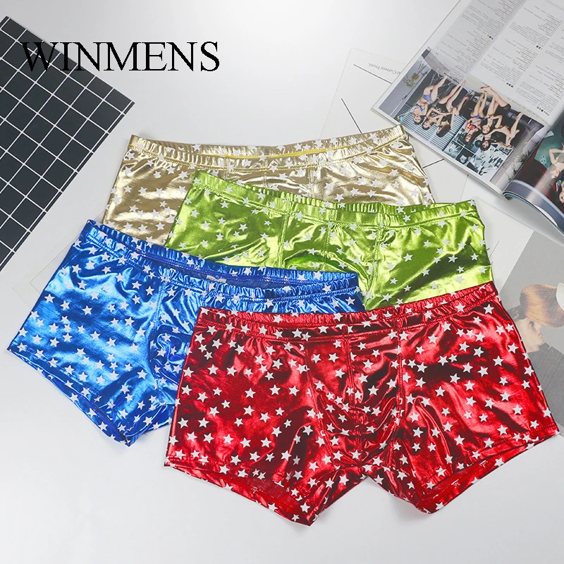 Men's Patent Leather Trunks Underwear Shiny Star Pattern Male Stage Show Boxer Briefs Panties Elastic Costume Underpants
Men's Patent Leather Trunks Underwear Shiny Star Pattern Male Stage Show Boxer Briefs Panties Elastic Costume Underpants