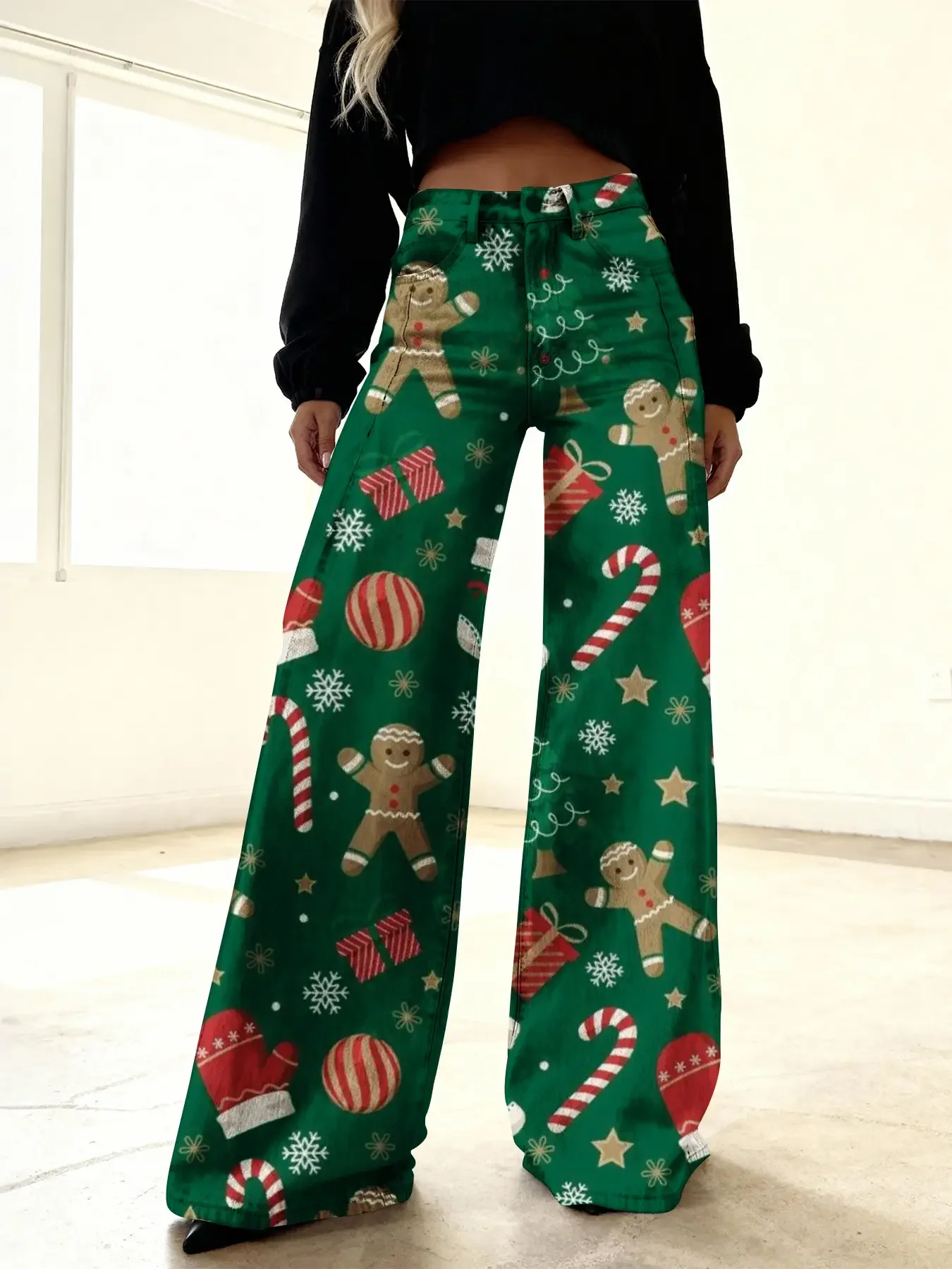 Women's imitation denim printed high waisted flared pants, sweet and cute, Elegant winter design
Women's imitation denim printed high waisted flared pants, sweet and cute, Elegant winter design