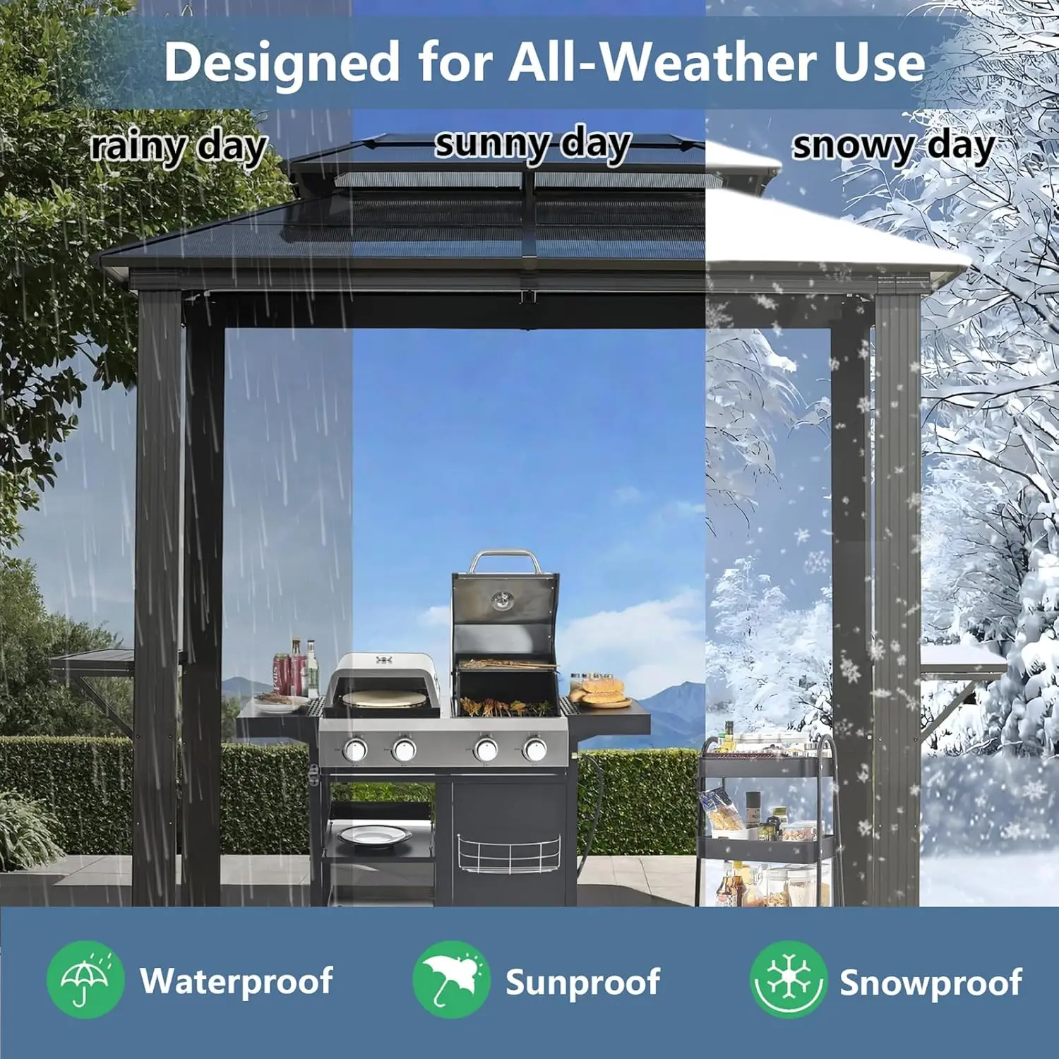 8'x5' Grill Hardtop Polycarbonate Gazebo Double Roof Aluminum Frame Galvanized Steel Patio Lawn Backyard, Custom
8'x5' Grill Hardtop Polycarbonate Gazebo Double Roof Aluminum Frame Galvanized Steel Patio Lawn Backyard, Custom