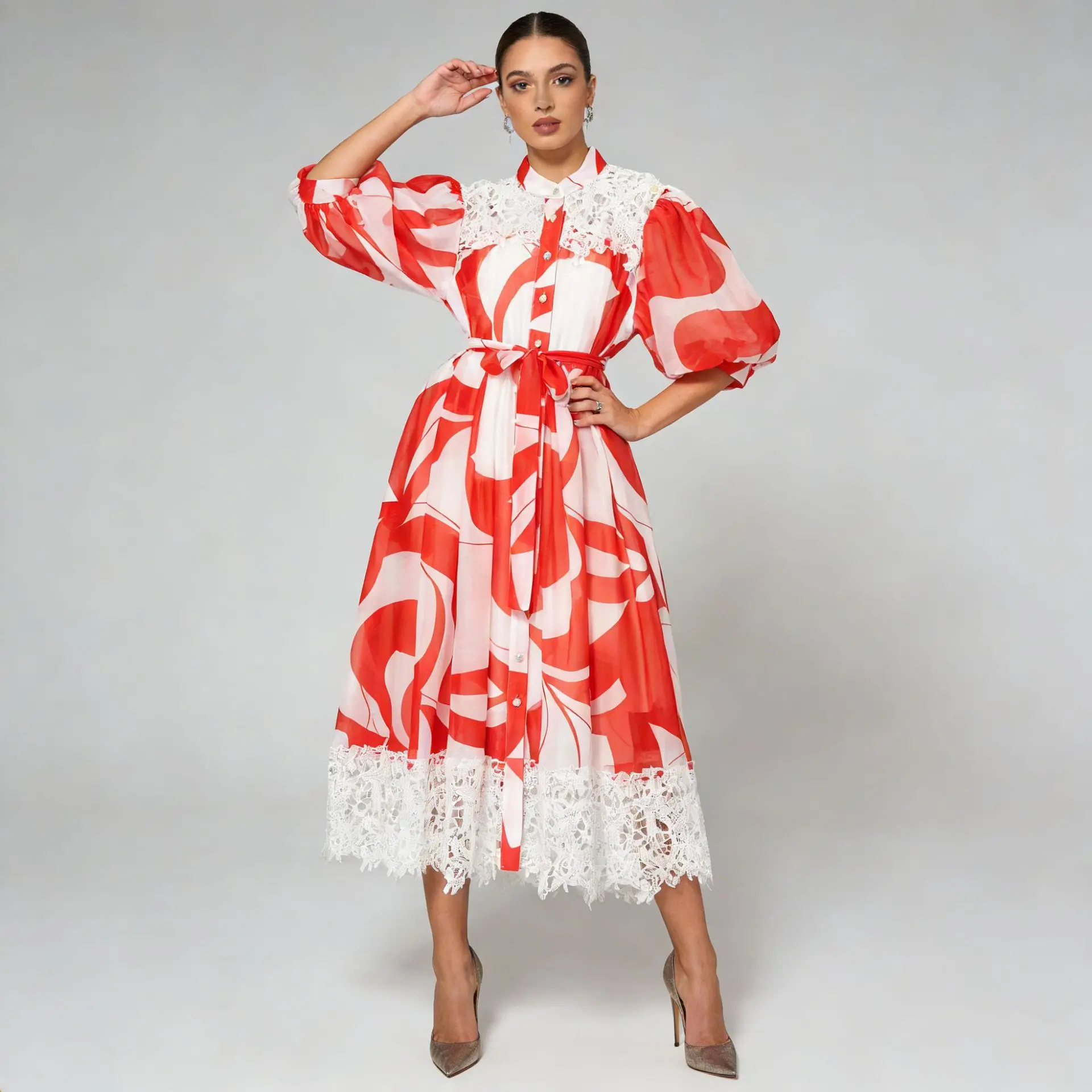 2026 Spring New O Neck Lantern Sleeve Printed Single Breasted Belt A-line Waist Lace-up Slim Long Dress Fashion Casual Wear
2026 Spring New O Neck Lantern Sleeve Printed Single Breasted Belt A-line Waist Lace-up Slim Long Dress Fashion Casual Wear