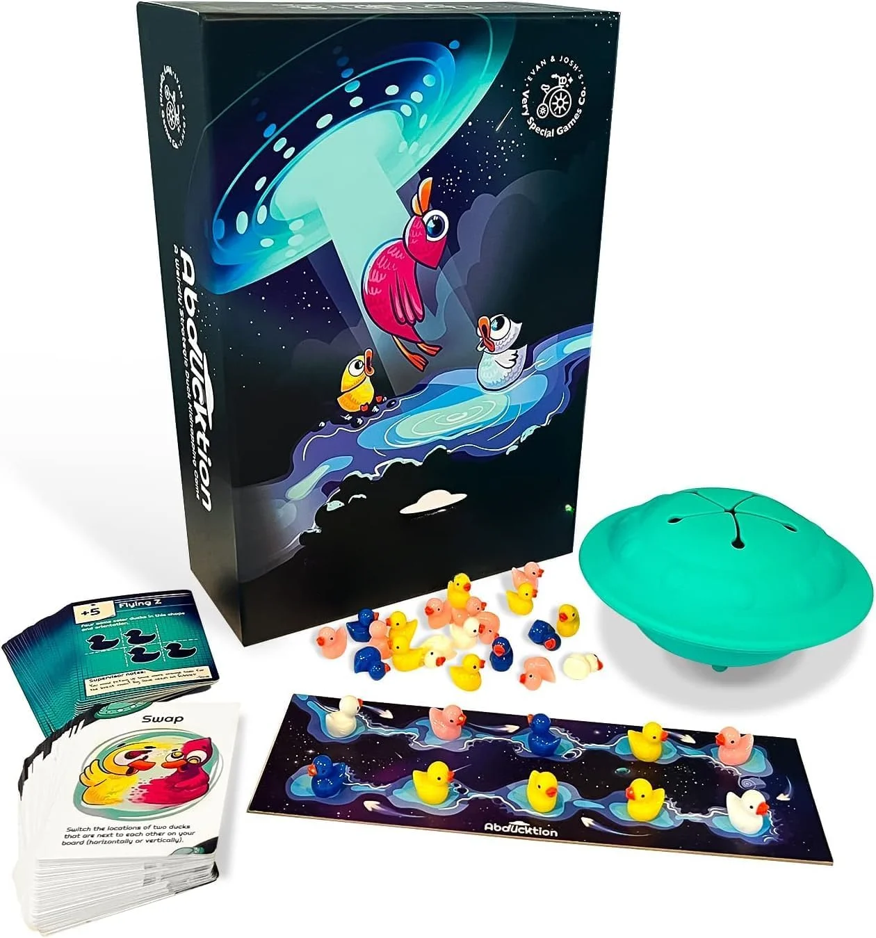 A weirdly strategic duck kidnapping game, 15-minutes of light strategy, a UFO, and mind-bending, shape-finding logic!
A weirdly strategic duck kidnapping game, 15-minutes of light strategy, a UFO, and mind-bending, shape-finding logic!
