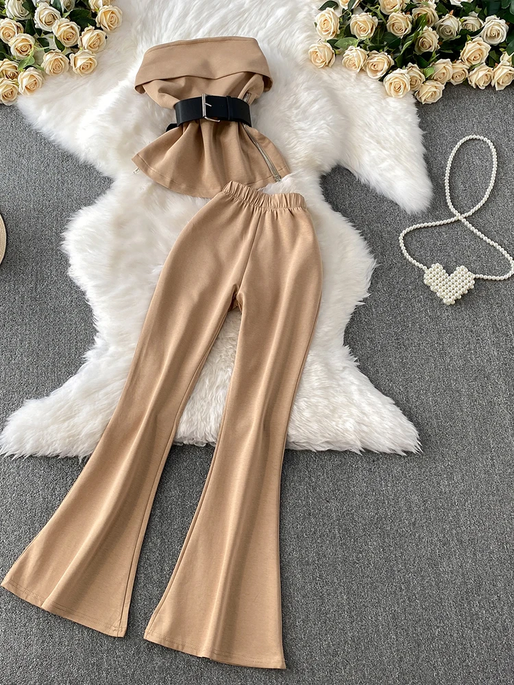 Off shoulder strapless vest design side zipper waist cinched top and high waisted flared pants set temperament two-piece set
Off shoulder strapless vest design side zipper waist cinched top and high waisted flared pants set temperament two-piece set