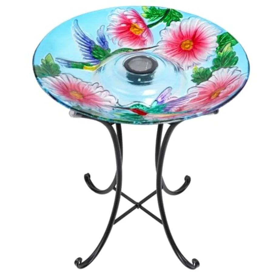 Outdoor solar-powered glass birdbath with metal stand for lawn, yard, and garden decor; clear glass, silver metal, weather-resi
Outdoor solar-powered glass birdbath with metal stand for lawn, yard, and garden decor; clear glass, silver metal, weather-resi