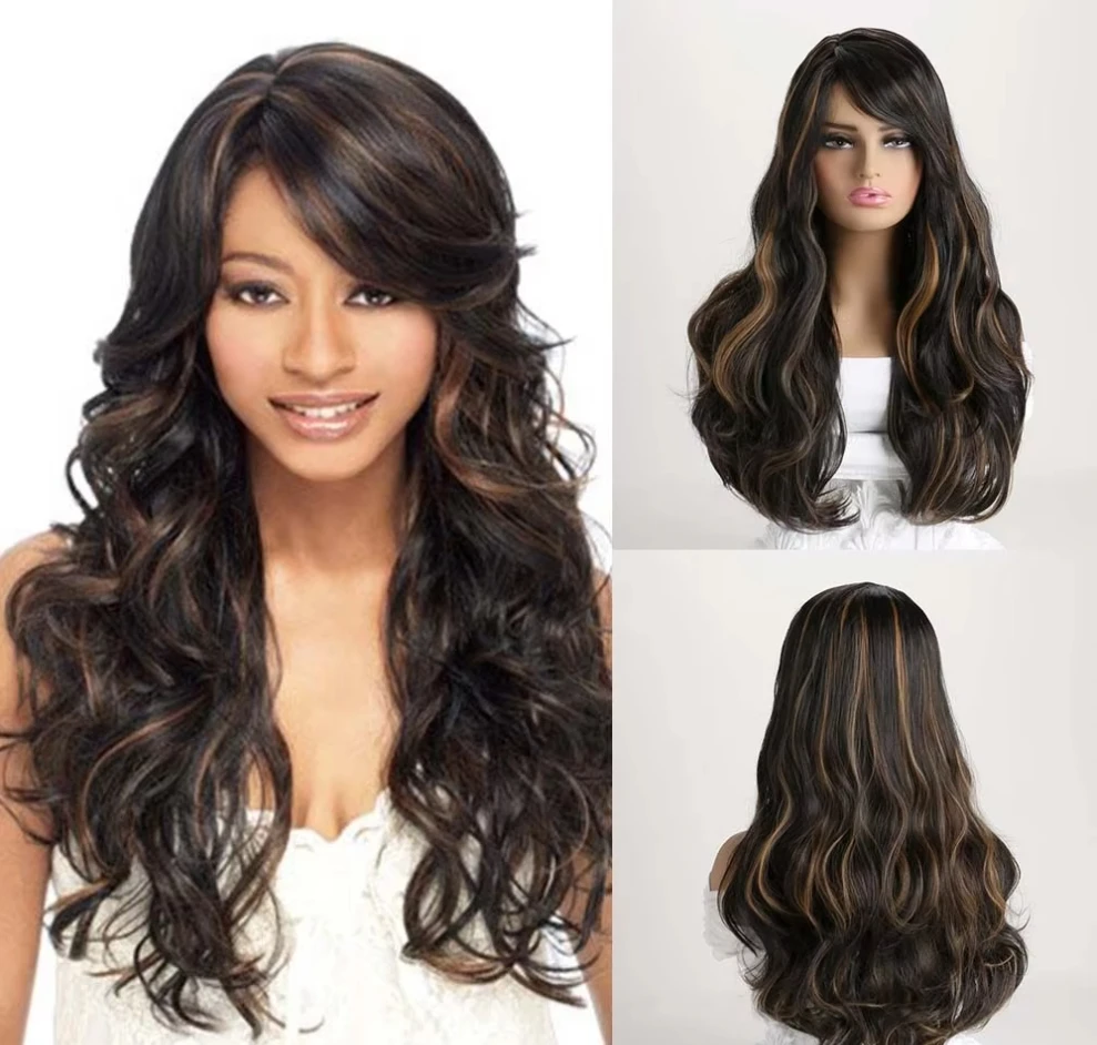 Ombre Black Mixed Brown Long Curly Synthetic Wigs with Bangs Wig for Women Daily Wear Fake Hair High Temperature Fake Hair
Ombre Black Mixed Brown Long Curly Synthetic Wigs with Bangs Wig for Women Daily Wear Fake Hair High Temperature Fake Hair