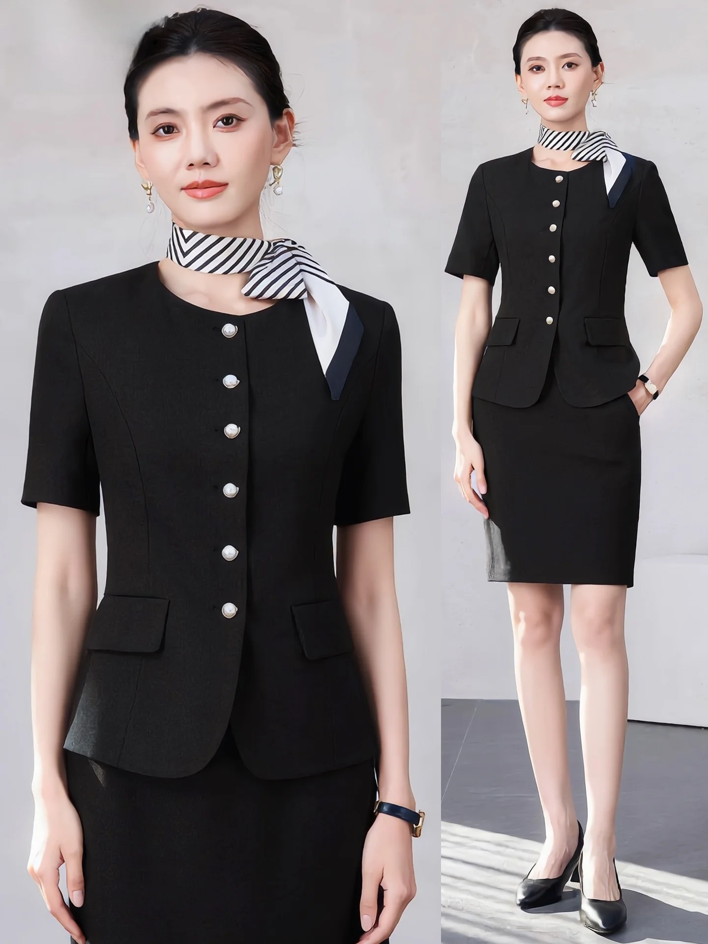 Летний тонкий костюм с короткими рукавами для женщин, профессиональная униформа для работы на стойке ресепшн для отелей и салонов красоты
Летний тонкий костюм с короткими рукавами для женщин, профессиональная униформа для работы на стойке ресепшн для отелей и салонов красоты