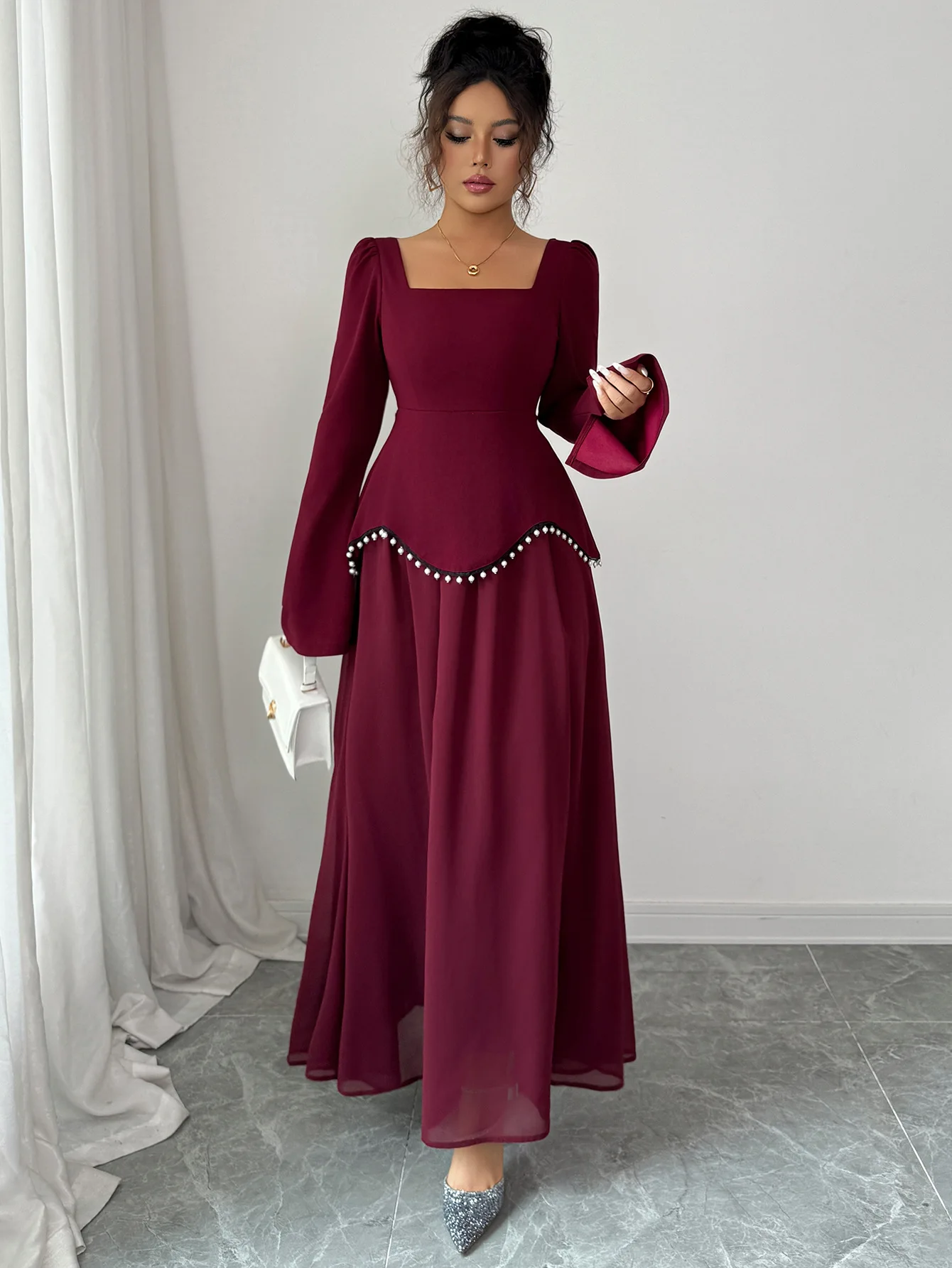 Women's Dress Best seller Burgundy Square Neck Flare Long Sleeve Pearl Beaded Trim Maxi Dress Evening Party Wedding Guest Prom
Women's Dress Best seller Burgundy Square Neck Flare Long Sleeve Pearl Beaded Trim Maxi Dress Evening Party Wedding Guest Prom