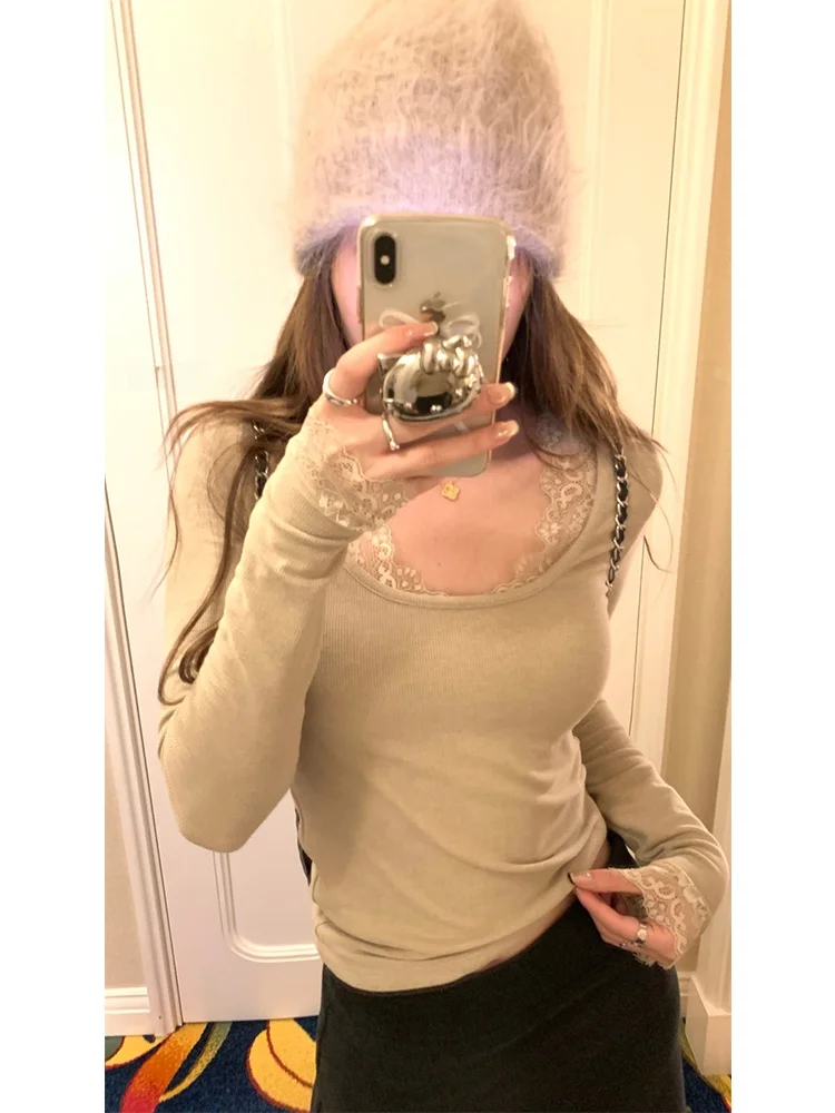 Lace Splice Knitted Sweater Base Shirt Women's New Style Spring Autumn Outerwear Versatile Innerwear Knitted Top Winter
Lace Splice Knitted Sweater Base Shirt Women's New Style Spring Autumn Outerwear Versatile Innerwear Knitted Top Winter