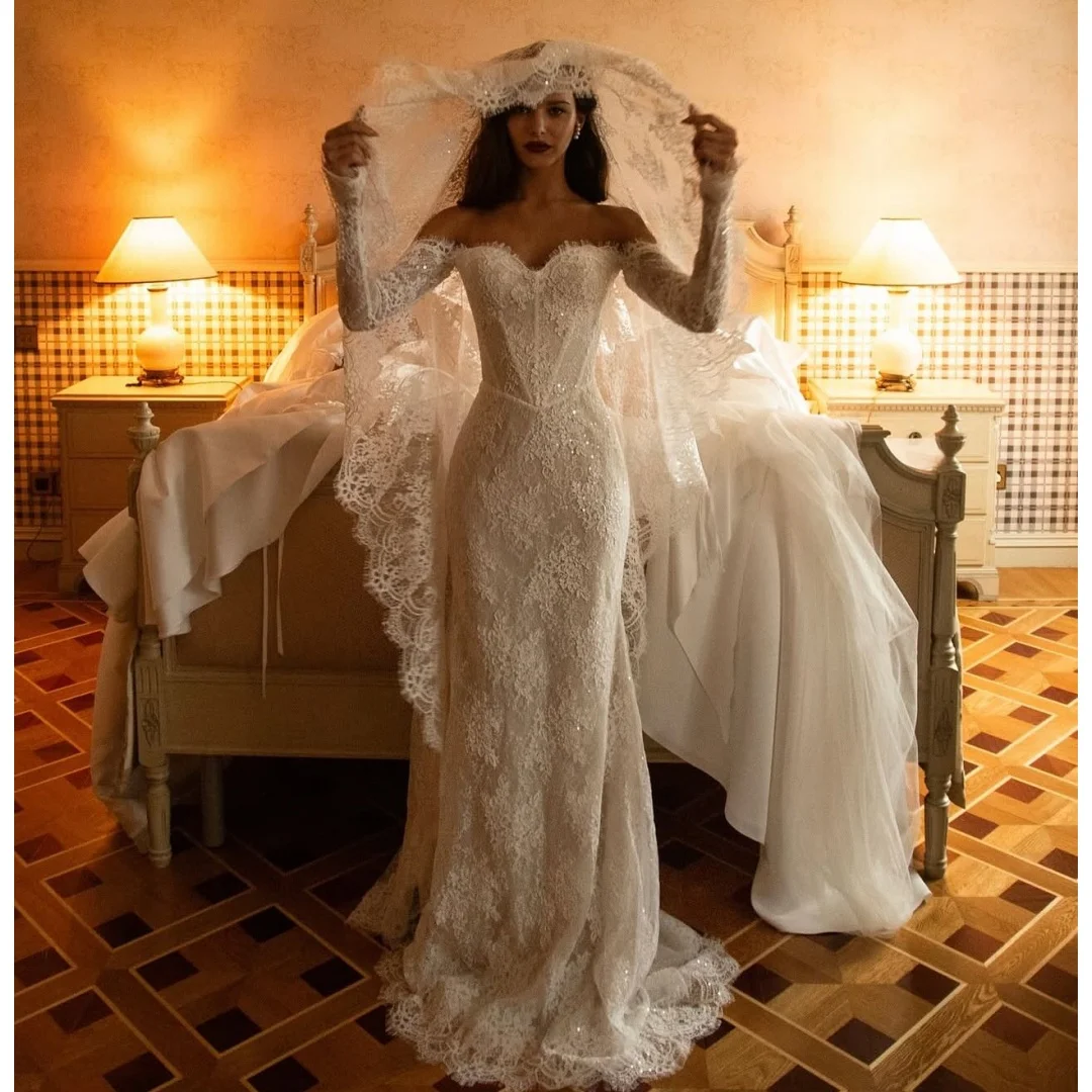 Lace Mermaid Wedding Dresses Long Sleeves Vestido de Novia Off Shoulder Second Reception Gown Sequins Robe De Soirée Customized
Lace Mermaid Wedding Dresses Long Sleeves Vestido de Novia Off Shoulder Second Reception Gown Sequins Robe De Soirée Customized