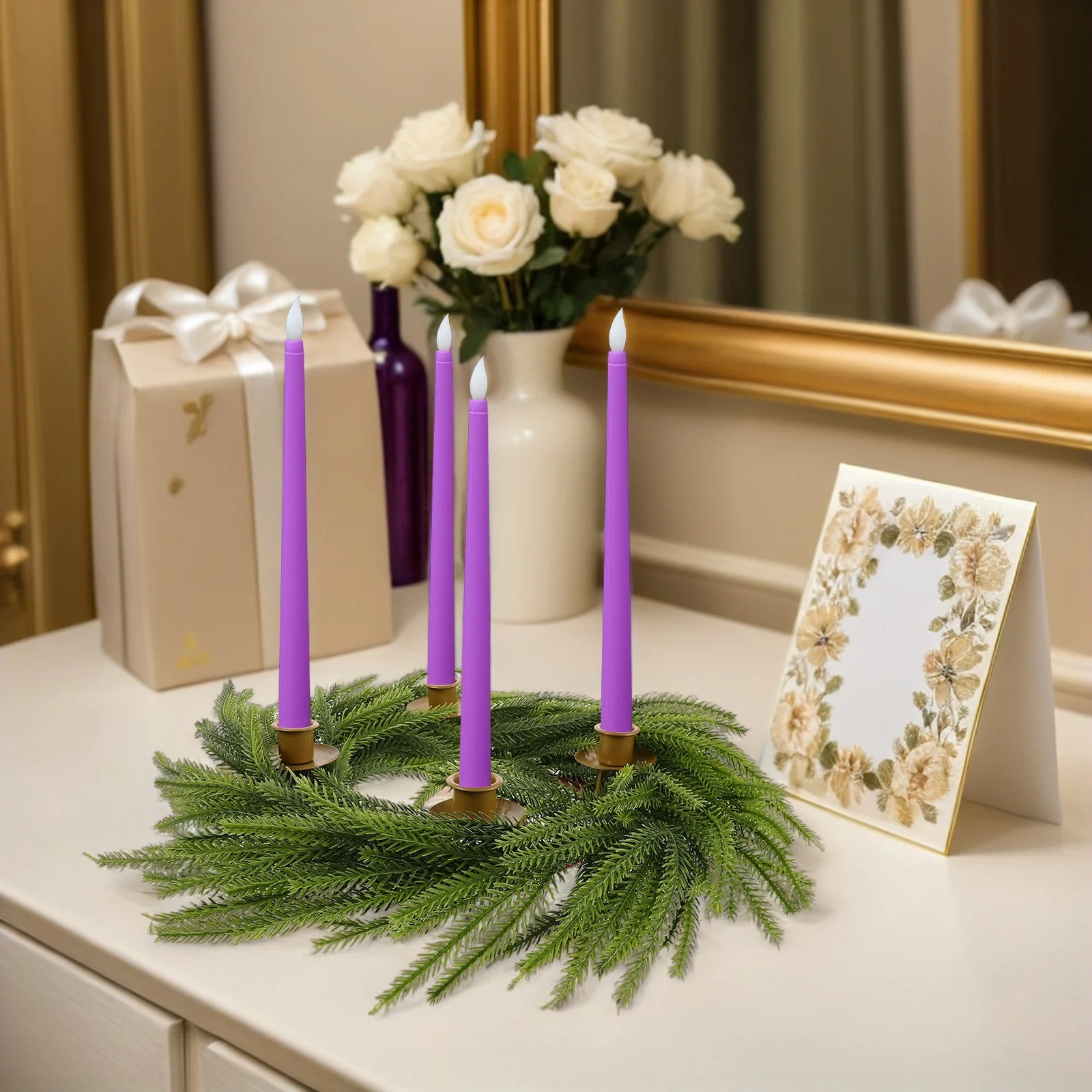 Golden Advent Wreath Holder Christmas Table Centerpiece Taper Stand Seasonal Holiday Decorations
Golden Advent Wreath Holder Christmas Table Centerpiece Taper Stand Seasonal Holiday Decorations