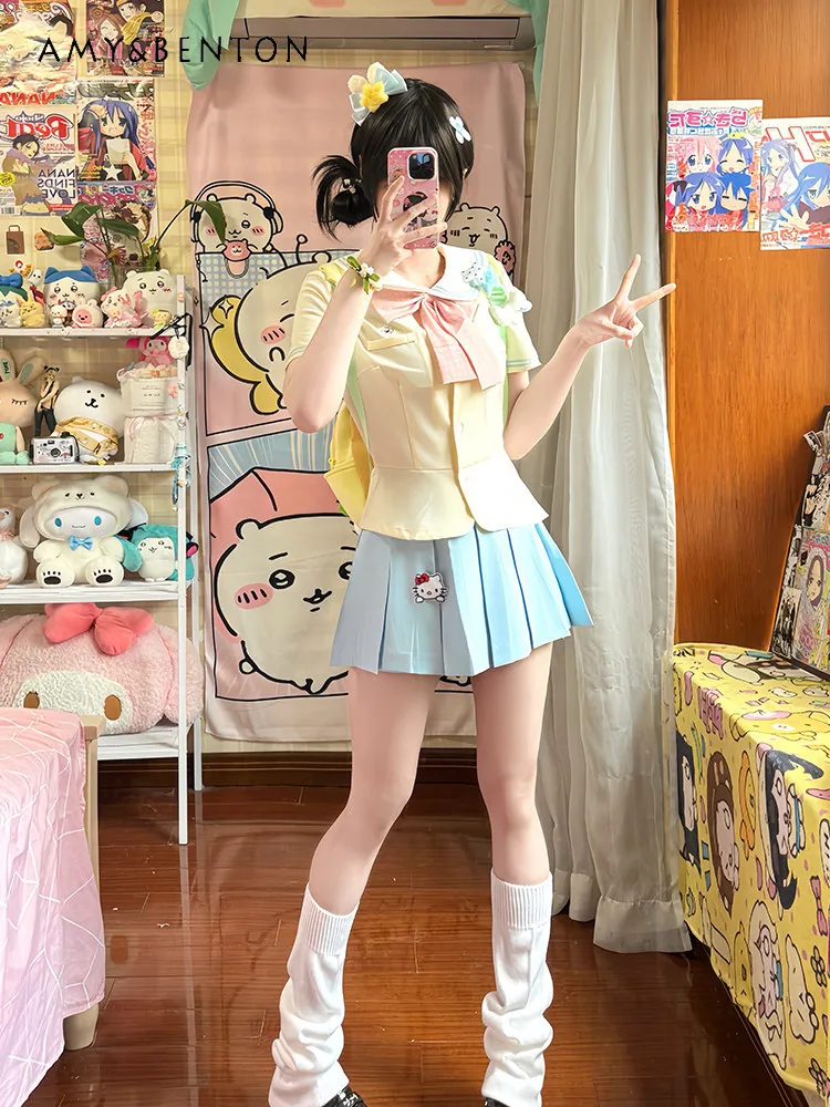 Japanese Preppy Women Pink Yellow Waist Fitted Short Sleeve Shirt Sweet Pleated Skirt with Bow Tie Daily Sailor JK Uniform Set
Japanese Preppy Women Pink Yellow Waist Fitted Short Sleeve Shirt Sweet Pleated Skirt with Bow Tie Daily Sailor JK Uniform Set