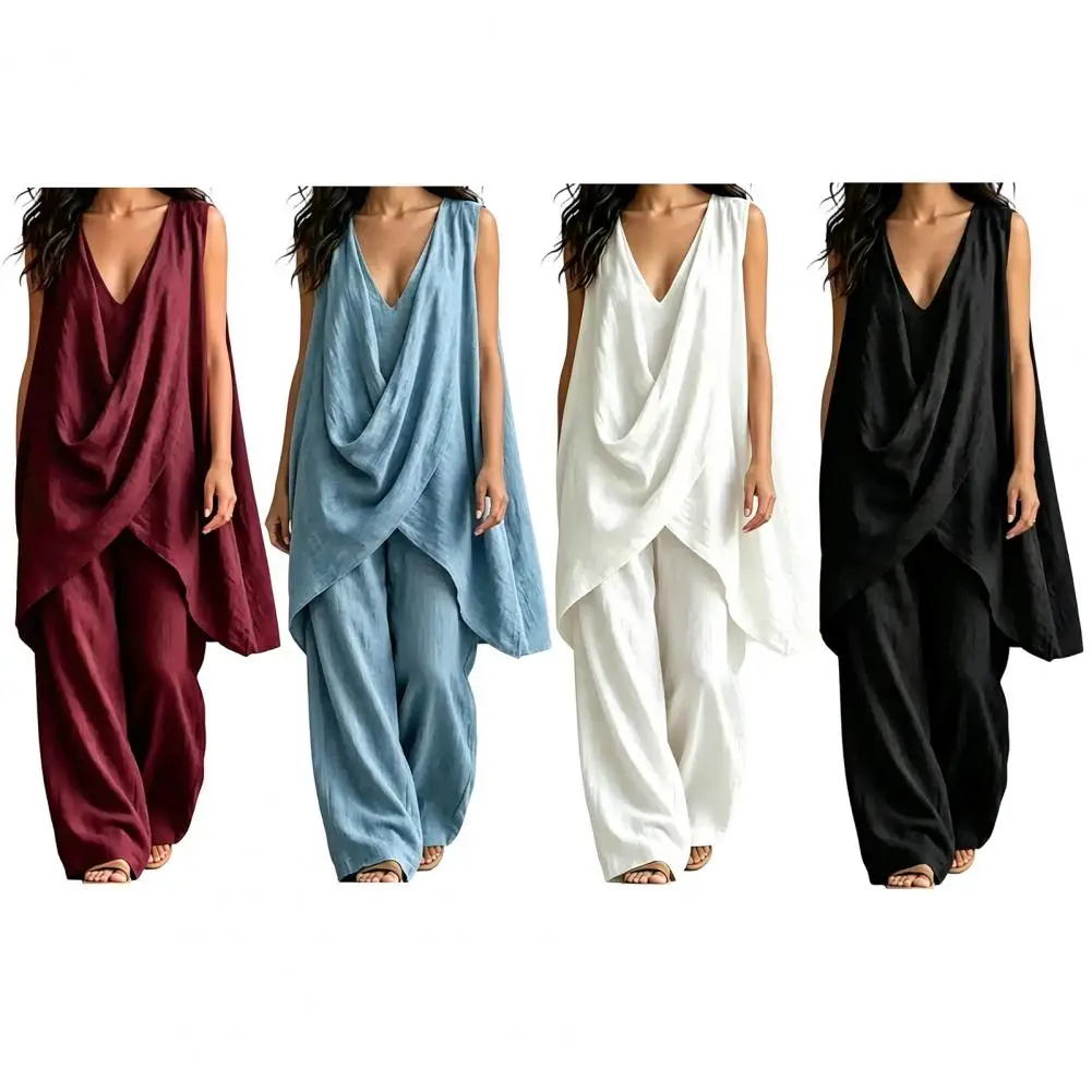 Retro Solid Loose 2 Piece Outfits Woman Sexy V Neck Asymmetric Top Pocket Wide Leg Pants Set Sleeveless Summer Beach Suit Outfit
Retro Solid Loose 2 Piece Outfits Woman Sexy V Neck Asymmetric Top Pocket Wide Leg Pants Set Sleeveless Summer Beach Suit Outfit