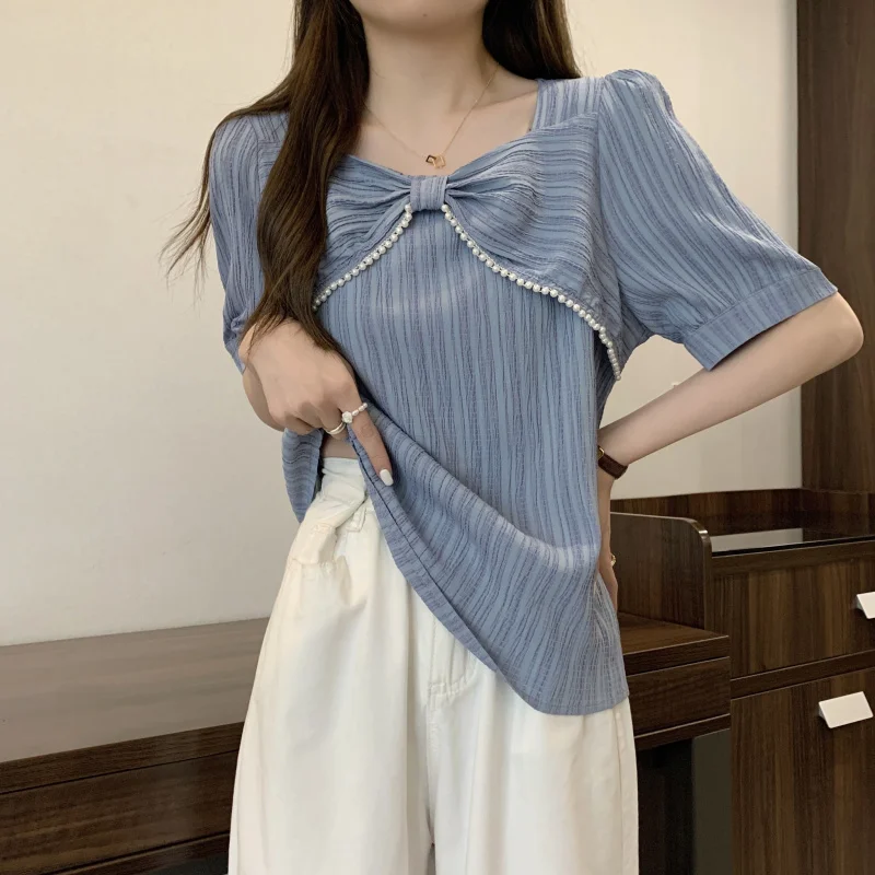 Summer M-4XL Large Size Puff Sleeve Tops Women Fashion Bow Square Collar Short Sleeve Blouses Korean Slim Blue Big Shirts
Summer M-4XL Large Size Puff Sleeve Tops Women Fashion Bow Square Collar Short Sleeve Blouses Korean Slim Blue Big Shirts