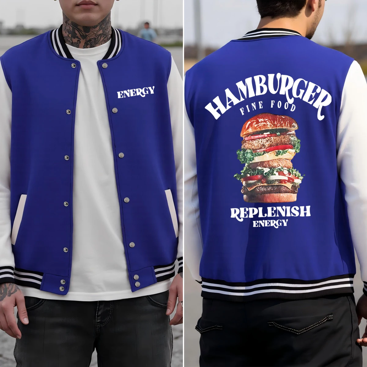 Hamburger Fine Food Replenish Energy Print Men Baseball Uniform Casual Autumn Jackets Cotton Clothes Loose Colorful Sportswear
Hamburger Fine Food Replenish Energy Print Men Baseball Uniform Casual Autumn Jackets Cotton Clothes Loose Colorful Sportswear