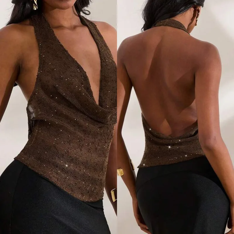 Sexy Deep V Sparkling Sheer Tank Top Retro Draped Neck Halter Backless Camisole Summer Women's Sequin-Embellished Party Top New
Sexy Deep V Sparkling Sheer Tank Top Retro Draped Neck Halter Backless Camisole Summer Women's Sequin-Embellished Party Top New