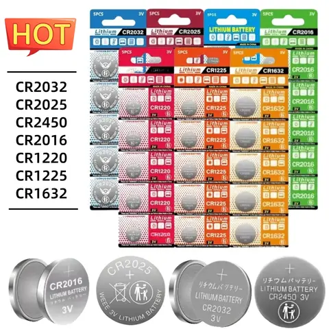 5PCS CR2032 CR2025 CR2450 CR2016 CR1632 CR1225 CR1220 3V Lithium Button Batteries For Watches Toys Remote Calculator Coin Cells