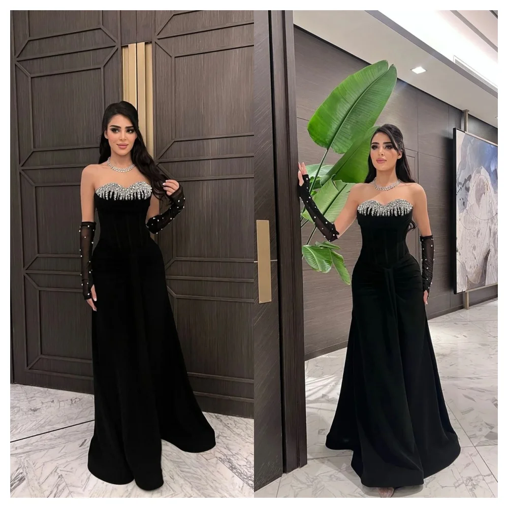 Customized Luxury Black Velour Evening Dress Exquisite Strapless 3/4 Sleeves Party Dress Delicate Floor Length Celebri
Customized Luxury Black Velour Evening Dress Exquisite Strapless 3/4 Sleeves Party Dress Delicate Floor Length Celebri