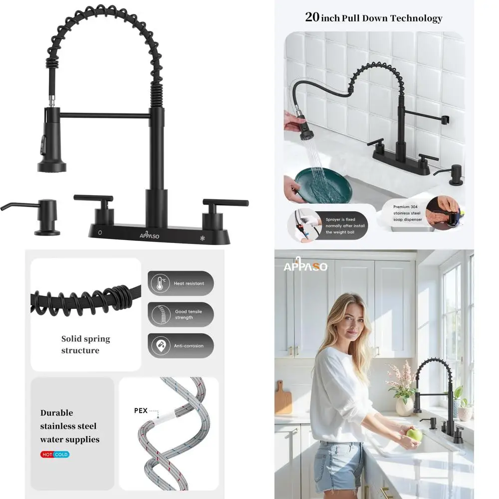 Матовый черный кухонный смеситель с двумя ручками, выдвижным изливом и дозатором для мыла
Матовый черный кухонный смеситель с двумя ручками, выдвижным изливом и дозатором для мыла