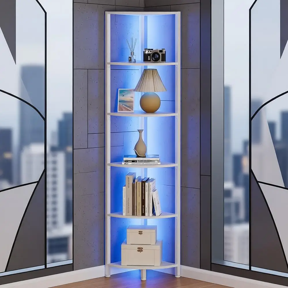 Corner 6-Tier LED Lighted Shelf, 67.5 Tall, White Narrow Bookshelf, Storage Rack for Wall Corner, Living Room, Bedroom, Metal Fr
Corner 6-Tier LED Lighted Shelf, 67.5 Tall, White Narrow Bookshelf, Storage Rack for Wall Corner, Living Room, Bedroom, Metal Fr
