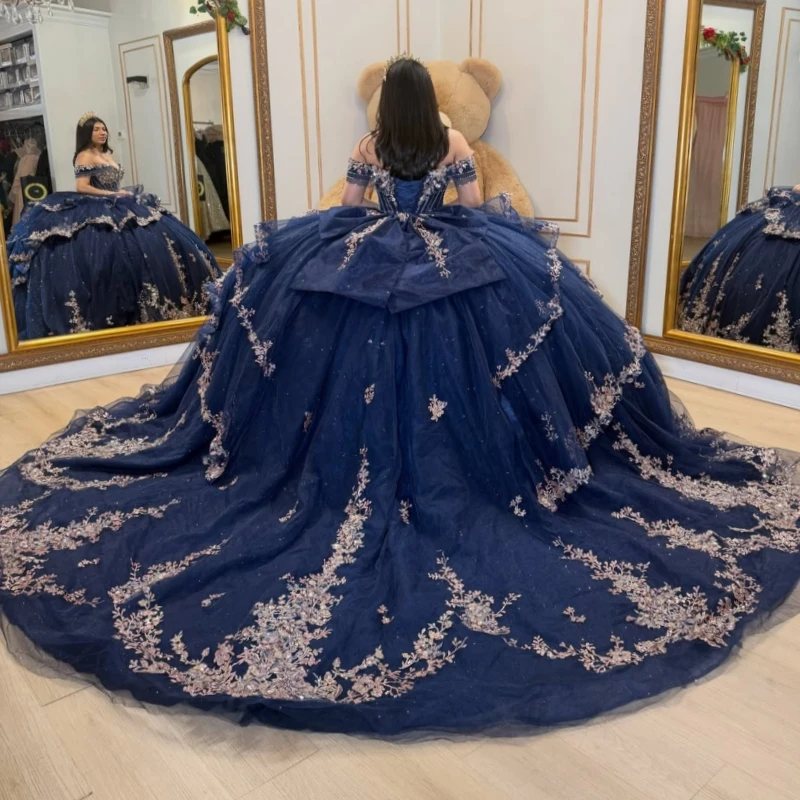 Navy Blue Shiny Ball Gown Quinceanera Dresses Gold Applique Lace Beading Crystal Bow Tiered Tull Corset Off The Shoulder Sweet
Navy Blue Shiny Ball Gown Quinceanera Dresses Gold Applique Lace Beading Crystal Bow Tiered Tull Corset Off The Shoulder Sweet