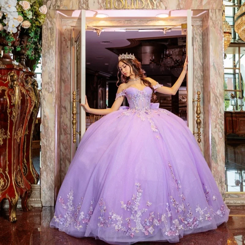 Lavender Quinceanera Dress off-shoulder Glitter Flower Decal Long tail Bow vestidos de 15 Quinceanera Customize
Lavender Quinceanera Dress off-shoulder Glitter Flower Decal Long tail Bow vestidos de 15 Quinceanera Customize