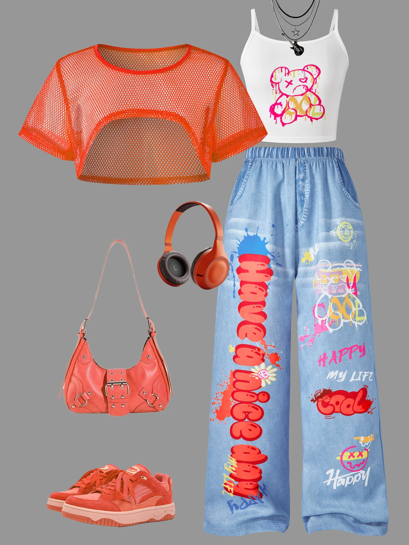 Girl,s 3 Piece Y2K Outfit, Pink Mesh Crop Top + Bear Print Cami Tank + Graffiti Wide Leg Jeans, Summer Streetwear Set
Girl,s 3 Piece Y2K Outfit, Pink Mesh Crop Top + Bear Print Cami Tank + Graffiti Wide Leg Jeans, Summer Streetwear Set