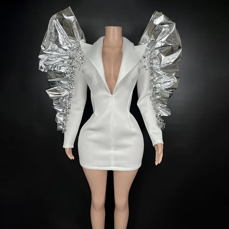 Women Party Evening Outfit Stage Catwalk Gogo Costumes Gown Exaggerated Shoulder Rhinestones Prom Dress
Women Party Evening Outfit Stage Catwalk Gogo Costumes Gown Exaggerated Shoulder Rhinestones Prom Dress