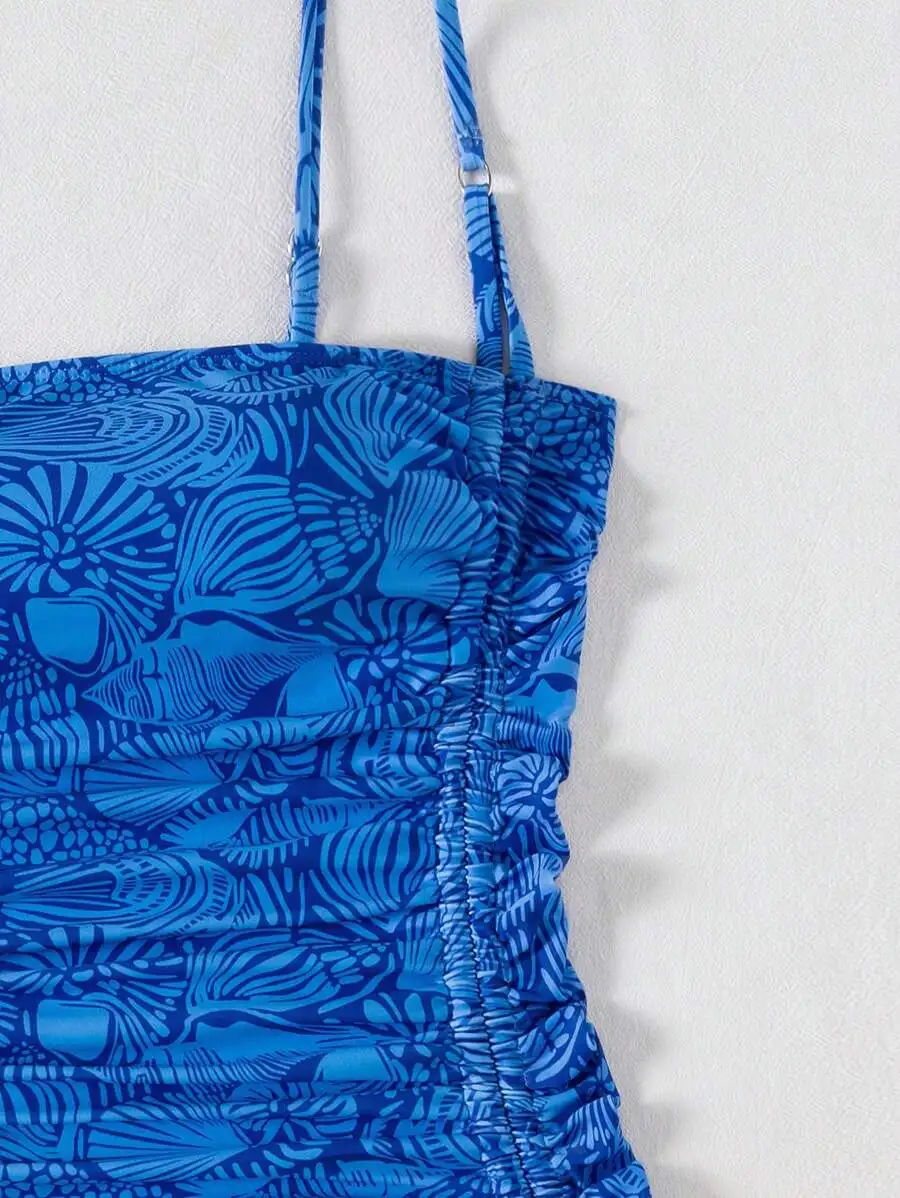 Womens Blue Floral Print Ruched One-Piece Swimsuit With Adjustable Spaghetti Straps
Womens Blue Floral Print Ruched One-Piece Swimsuit With Adjustable Spaghetti Straps