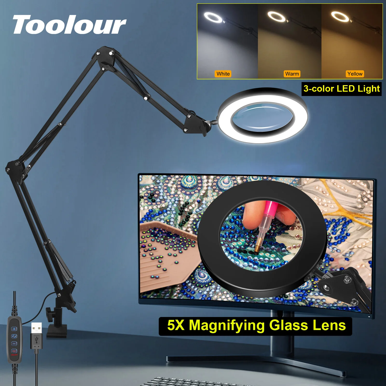 Toolour 5X Magnifying Glass with Light 5X Real Glass Lens Adjustable Swing Arm Magnifier Perfect for Reading DIY Close Work