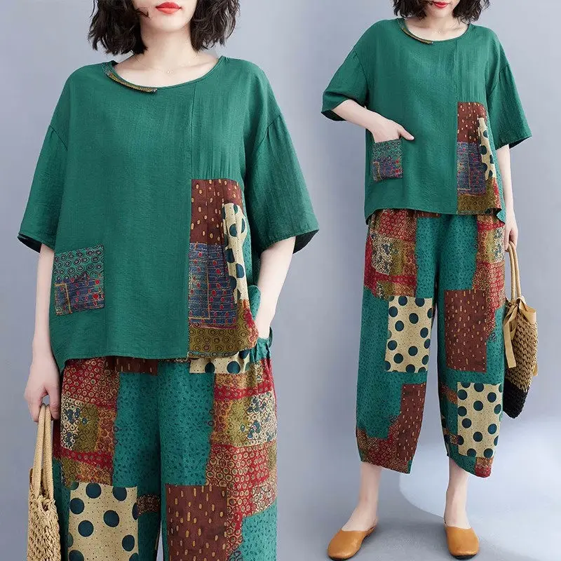 Oversized Women's Summer Pants Suit Fashionable Printed Cotton Linen Shirt Short Sleeve Tops Capris Two Piece Set Tracksuit Z855
Oversized Women's Summer Pants Suit Fashionable Printed Cotton Linen Shirt Short Sleeve Tops Capris Two Piece Set Tracksuit Z855