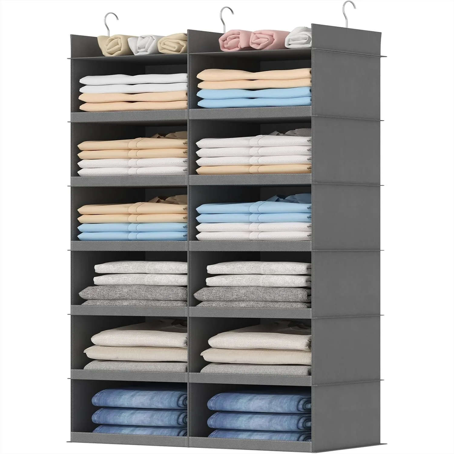 Double-Row 12 Section Hanging Closet Organizer with Sturdy Hooks, Foldable Storage Shelves for Bedroom, Grey
Double-Row 12 Section Hanging Closet Organizer with Sturdy Hooks, Foldable Storage Shelves for Bedroom, Grey