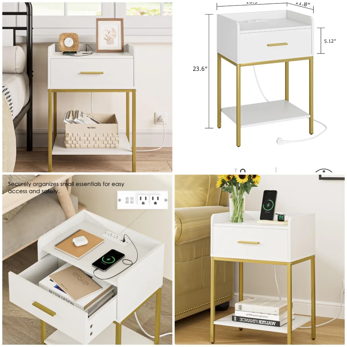 Nightstand with Charging Station, 3-Tier White Bedside Table with Drawer & Shelf
Nightstand with Charging Station, 3-Tier White Bedside Table with Drawer & Shelf