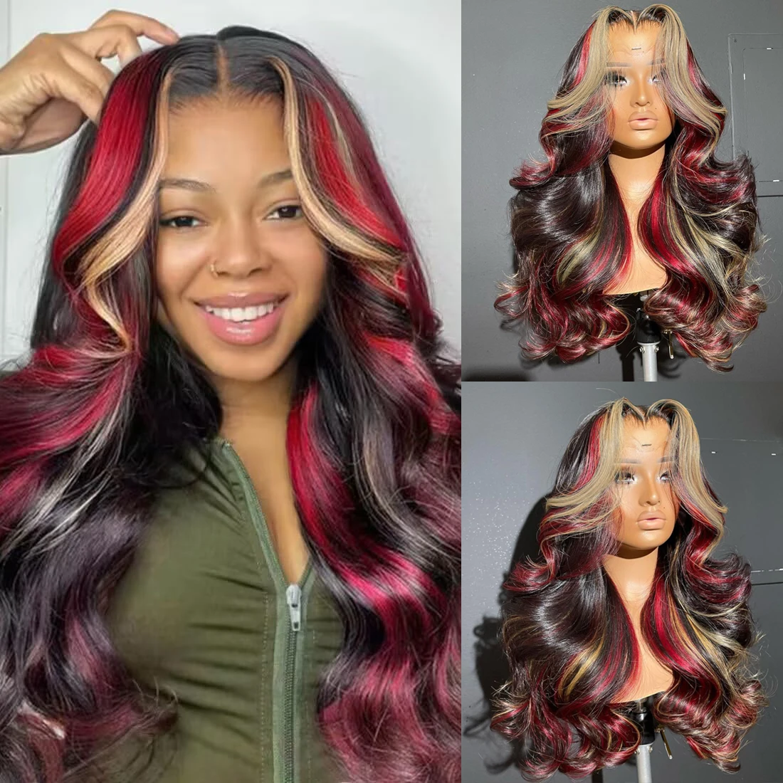 Black Red Blonde Highlights Lace Front Wig Skunk Stripe Wigs Synthetic HD Body Wave Lace Front Wigs Pre Plucked with Baby Hair 
Black Red Blonde Highlights Lace Front Wig Skunk Stripe Wigs Synthetic HD Body Wave Lace Front Wigs Pre Plucked with Baby Hair