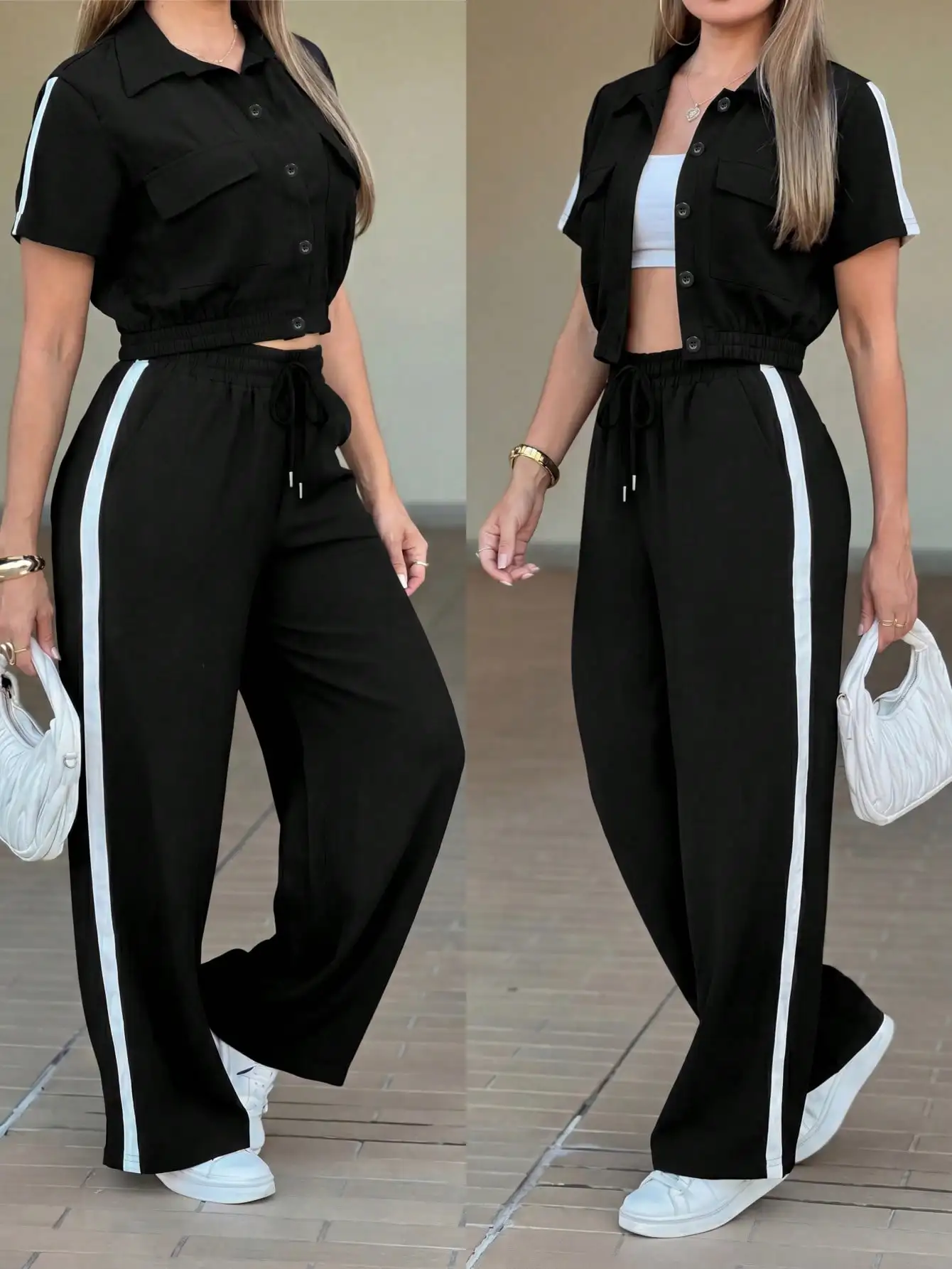 Women's Spring and Summer New Fashion Open-Collar Short-Sleeve Navel-Exposing Jacket Set with Casual Daily Striped Elastic Waist Drawstring Loose Long Pants Two-Piece Set
Women's Spring and Summer New Fashion Open-Collar Short-Sleeve Navel-Exposing Jacket Set with Casual Daily Striped Elastic Waist Drawstring Loose Long Pants Two-Piece Set