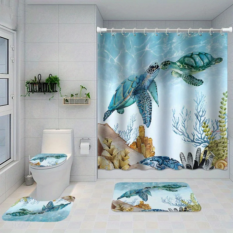 4 шт., набор занавесок для душа с рисунком черепахи, водонепроницаемая занавеска для душа с 12 крючками, нескользящий коврик для ванной, U-образный коврик, крышка унитаза 
4 шт., набор занавесок для душа с рисунком черепахи, водонепроницаемая занавеска для душа с 12 крючками, нескользящий коврик для ванной, U-образный коврик, крышка унитаза