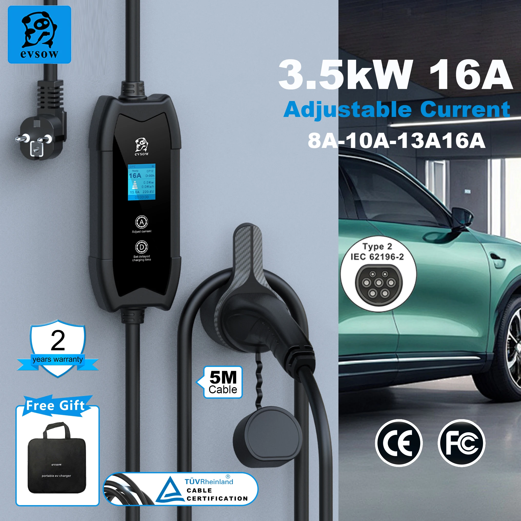 evsow Portable EV Charger Type2 3.5KW 16A 1P Electric Car Charger Adjustable Current&Set Charging Time For IEC 6219-2 EV Car
evsow Portable EV Charger Type2 3.5KW 16A 1P Electric Car Charger Adjustable Current&Set Charging Time For IEC 6219-2 EV Car