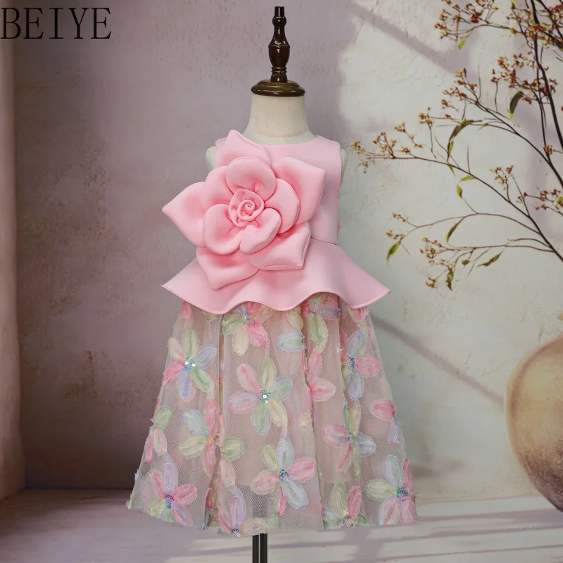 Pink Sleeveless Girls Formal Dress 3D Big Rose Floral Embroidery Flower Tulle Dress Kids Wedding Birthday Party Pageant Gown
Pink Sleeveless Girls Formal Dress 3D Big Rose Floral Embroidery Flower Tulle Dress Kids Wedding Birthday Party Pageant Gown