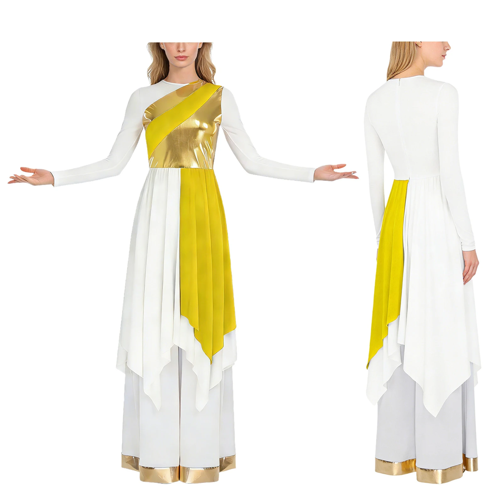 Women Ballroom Praise Worship Dance Outfits Set Long Sleeve Metallic Dress And Wide Leg Pants Set for Liturgical Lyrical Dance
Women Ballroom Praise Worship Dance Outfits Set Long Sleeve Metallic Dress And Wide Leg Pants Set for Liturgical Lyrical Dance
