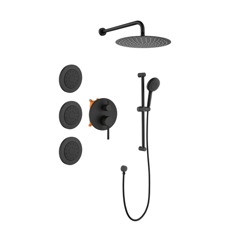 Shower System with Shower Head, Hand Shower, Slide Bar, Bodysprays, Shower Arm, Hose, Valve Trim, and Lever Handles
Shower System with Shower Head, Hand Shower, Slide Bar, Bodysprays, Shower Arm, Hose, Valve Trim, and Lever Handles