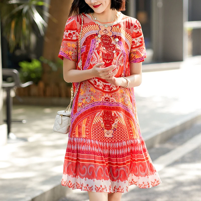 100% Real Silk Women's Summer Dress Short Sleeve Elegant Dresses For Women Vintage Print Casual Ruffles Woman Mermaid Dress
100% Real Silk Women's Summer Dress Short Sleeve Elegant Dresses For Women Vintage Print Casual Ruffles Woman Mermaid Dress